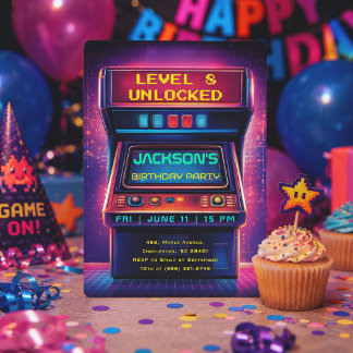 Retro-Arcade-Level-Up-Geburtstags-Einladung Folieneinladung