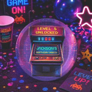 Retro-Arcade-Level-Up-Geburtstagspapierplatten Pappteller