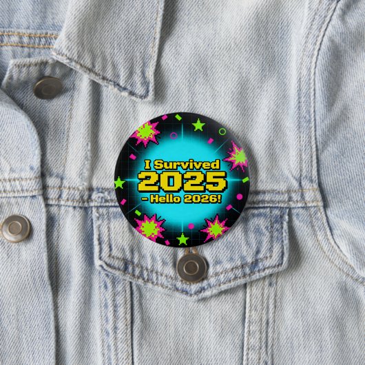 Retro-Arcade-Stil "Ich habe 2025 überlebt - Hallo Button (Beispiel)