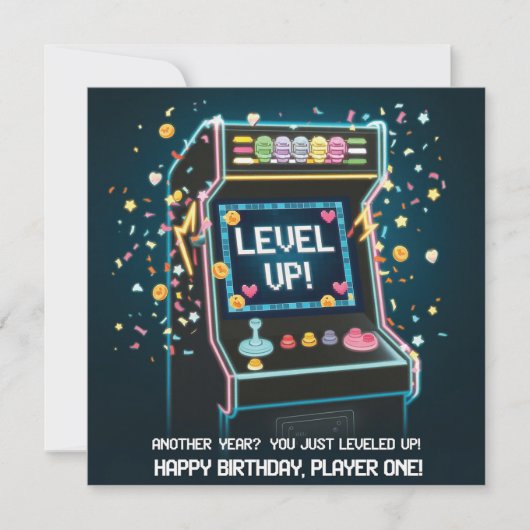 Retro Arcade-Themed Geburtstag - "Level Up!" Gamer Karte (Vorderseite)