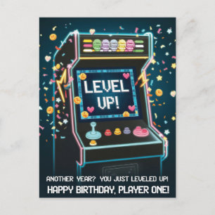 Retro-Arcade-Themen-Geburtstag - "Level Up!" Gamer Postkarte