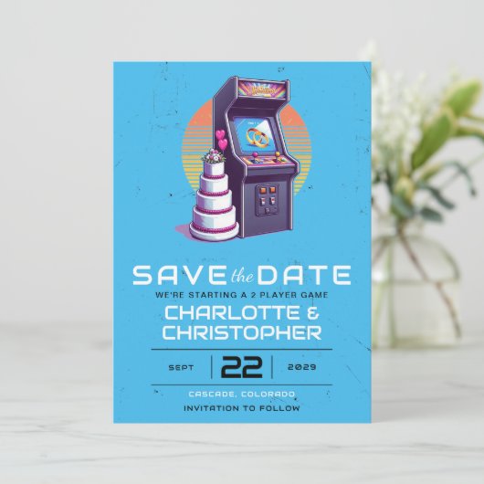 Retro Arcade Wedding Save The Date (Stehend Vorderseite)
