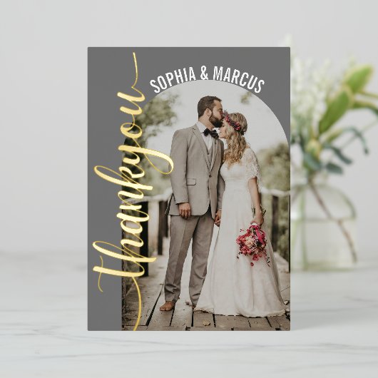 Retro Arch Elegant Wedding Foto Danke Karte (Stehend vorne)