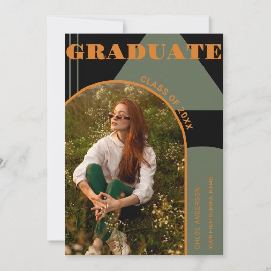 Retro Arch Green & Orange Foto Abschluss Einladung (Vorderseite)