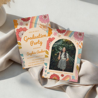 Retro Arch Photo Floral Rainbow Graduation Party   Einladung