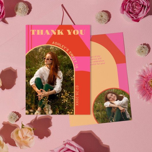 Retro Arch Pink & Orange 2 Foto Sweet 16 Birthday Dankeskarte