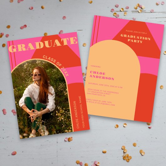 Retro Arch Pink & Orange Foto Abschluss Einladung