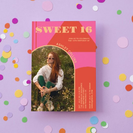 Retro Arch Pink & Orange Foto Sweet 16 Birthday Einladung