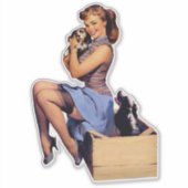 Retro Art Brünettes Button-up Girl and Puppies Hun Aufkleber (Vorderseite)