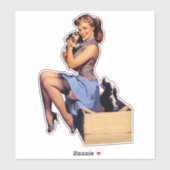 Retro Art Brünettes Button-up Girl and Puppies Hun Aufkleber (Blatt)