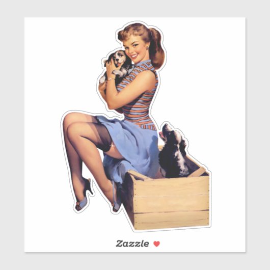 Retro Art Brünettes Button-up Girl and Puppies Hun Aufkleber (Blatt)