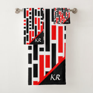Retro Art Deco Abstraktes rotes Muster Monogramm Badhandtuch Set