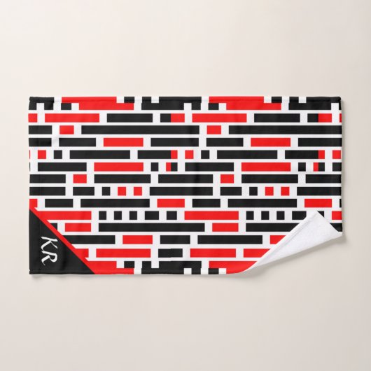 Retro Art Deco Abstraktes rotes Muster Monogramm Badhandtuch Set (Handtuch)