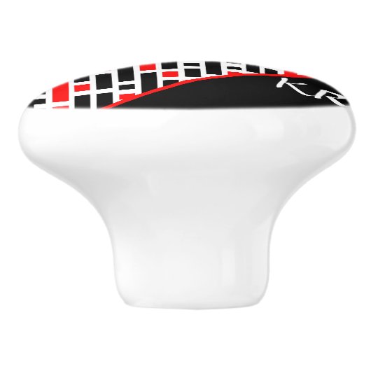 Retro Art Deco Abstraktes rotes Muster Monogramm Keramikknauf (Seitenansicht)