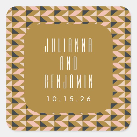 Retro Art Deco Black Blush Gold Hochzeit Custom Quadratischer Aufkleber (Vorderseite)