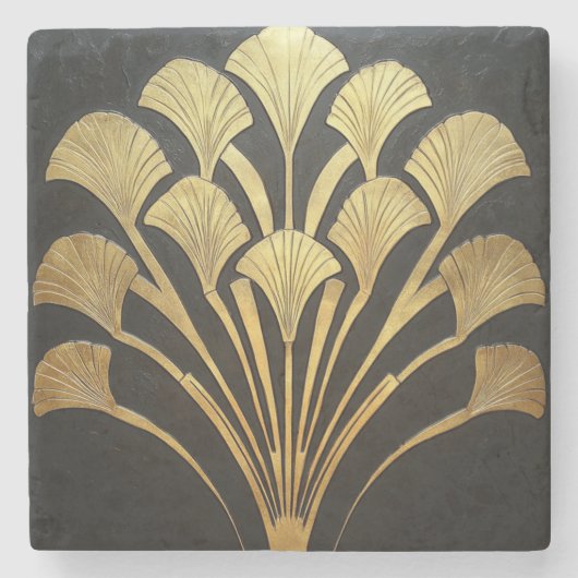 Retro Art Deco Black Gold Hieroglyphic Plant Steinuntersetzer (Vorderseite)