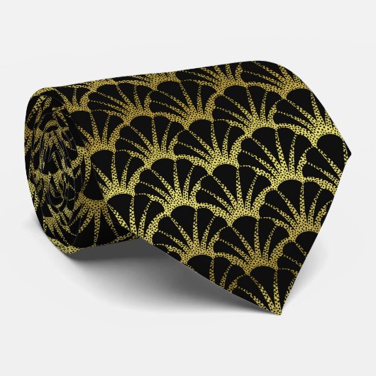 Retro Art Deco Black / Gold Shell Scale Pattern Krawatte (Gerollt)