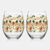 Retro Art Deco Dragonfly, rosa Rosen Weinglas Ohne Stiel (Rückseite)