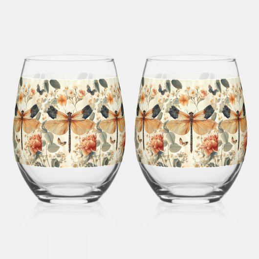 Retro Art Deco Dragonfly, rosa Rosen Weinglas Ohne Stiel (Rückseite)