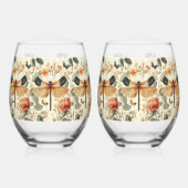 Retro Art Deco Dragonfly, rosa Rosen Weinglas Ohne Stiel (Vorderseite)