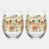 Retro Art Deco Dragonfly, rosa Rosen Weinglas Ohne Stiel (Links)