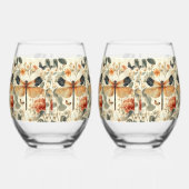 Retro Art Deco Dragonfly, rosa Rosen Weinglas Ohne Stiel (Rechts)