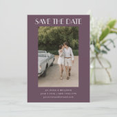 Retro Art Deco Dunkle Dusty Lila Foto Hochzeit Save The Date (Stehend Vorderseite)