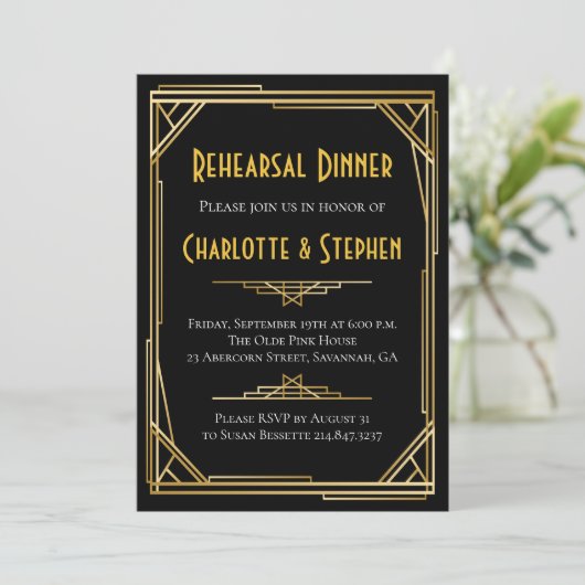 Retro Art Déco Gatsby Gold & Black Wedding Einladung (Stehend Vorderseite)