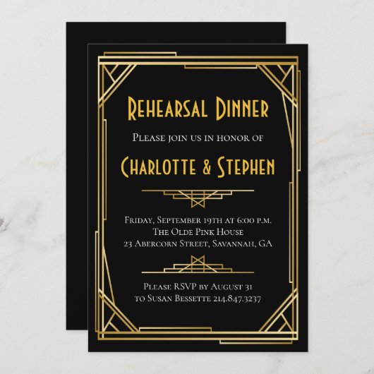 Retro Art Déco Gatsby Gold & Black Wedding Einladung (Vorne/Hinten)