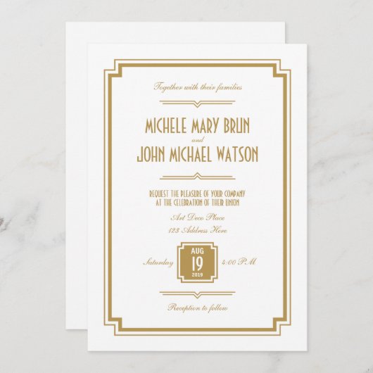 Retro Art Deco Gold Farbe Weiße Hochzeit Einladung (Vorne/Hinten)
