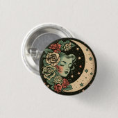 Retro Art Deco Green Crescent Moon Lady Button (Vorne & Hinten)