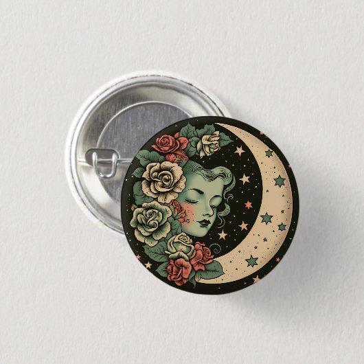 Retro Art Deco Green Crescent Moon Lady Button (Vorne & Hinten)