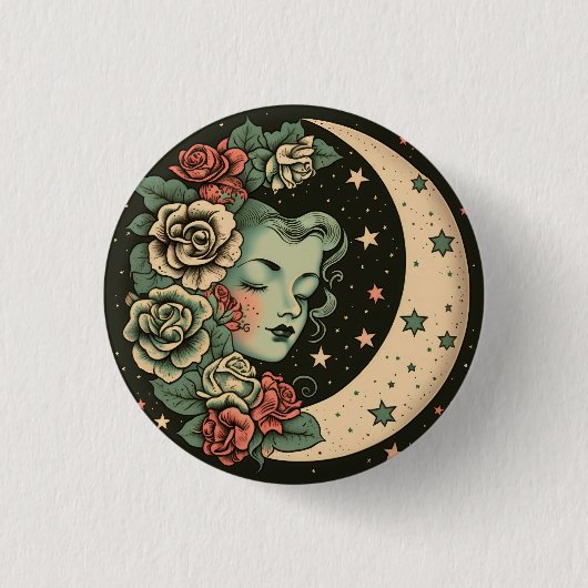 Retro Art Deco Green Crescent Moon Lady Button (Vorderseite)