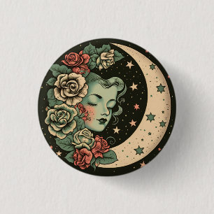 Retro Art Deco Green Crescent Moon Lady Button