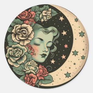 Retro Art Deco Grüne Halbmond-Dame Runder Aufkleber