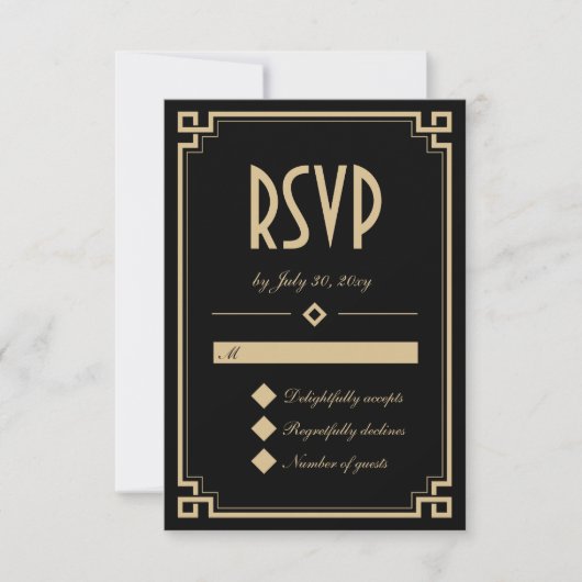 Retro Art Deco Klassische Black Gold Hochzeit RSVP Karte (Vorderseite)