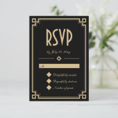 Retro Art Deco Klassische Black Gold Hochzeit RSVP Karte (Stehend Vorderseite)