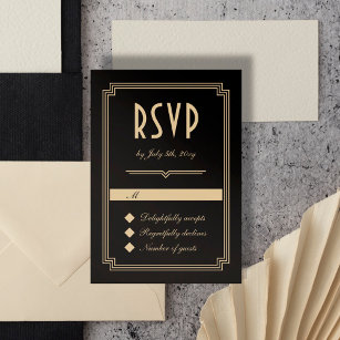 Retro Art Deco Klassische Black Gold Hochzeit RSVP Karte