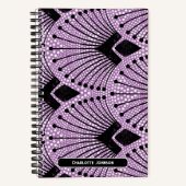Retro Art Deco Lila Schwarz-weißes Pfauenmuster Notizblock (Vorderseite)