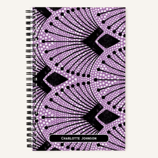 Retro Art Deco Lila Schwarz-weißes Pfauenmuster Notizblock (Vorderseite)