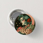 Retro-Art Deco-Mond-Dame & Blumen Button (Vorne & Hinten)