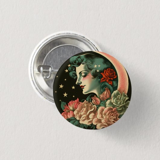 Retro Art Deco Moon Lady & Blume Button (Vorne & Hinten)