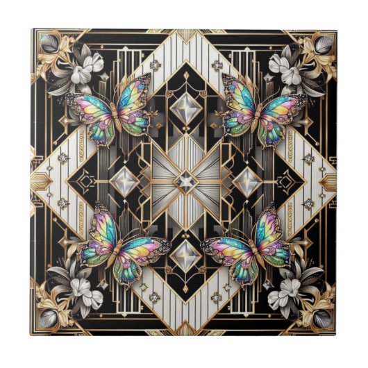 Retro Art Deco Nouveau Regenbogen Schmetterling Fliese (Vorderseite)