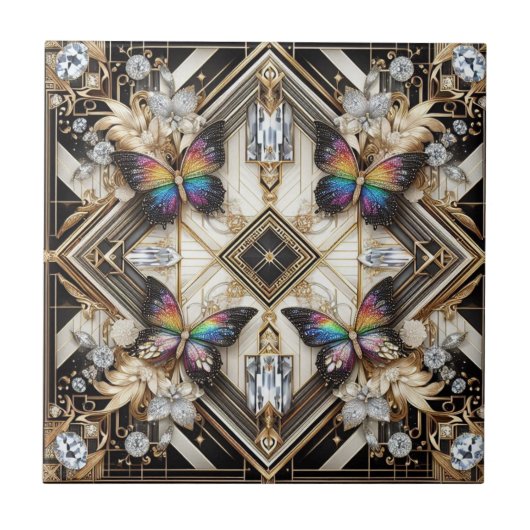 Retro Art Deco Nouveau Regenbogen Schmetterling Fliese (Vorderseite)