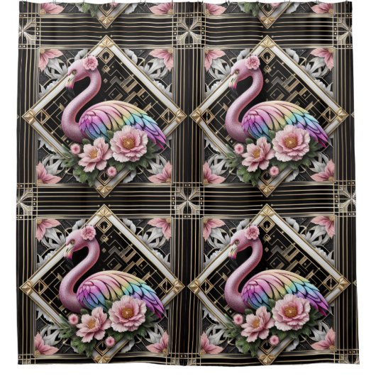 Retro Art Deco Pink Flamingos Duschvorhang (Vorderseite)