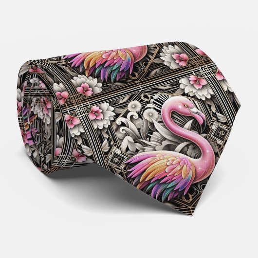 Retro Art Deco Pink Flamingos Krawatte (Gerollt)