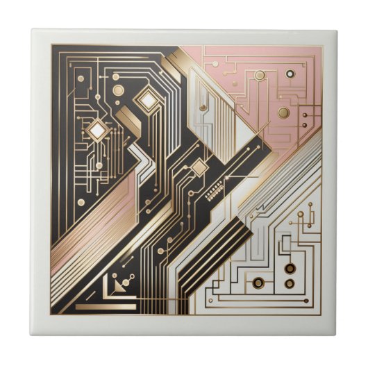 Retro Art Deco Pink Gold and Black Fliese (Vorderseite)