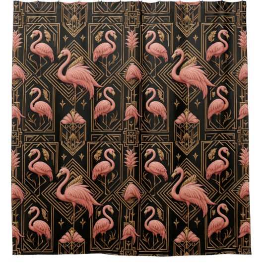 Retro-Art-Deco-Rosa-Flamingos Duschvorhang (Vorderseite)