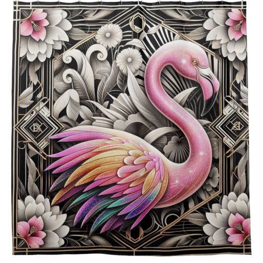 Retro-Art Deco Rosa Flamingos Duschvorhang (Vorderseite)
