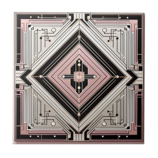 Retro Art Deco Rosa Weiß und Schwarz Fliese (Vorderseite)